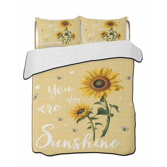 You Are My Sunshine Quilts Bedding Set California King Vintage Country Yellow Sunflower Floral Bee Heart Yellow Quilted Bedspread 3 Piece Bed Quilt with 2 Pillow Shams for Bedroom 96" x 106"