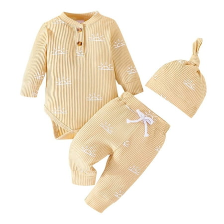 

WUXIAN Toddler Boys Girls Long Sleeve Cartoon Printed Romper Solid Color Colour Pants Hat Outfits Set For Kids Trousers Infants Baby Children Trendy Dailywear
