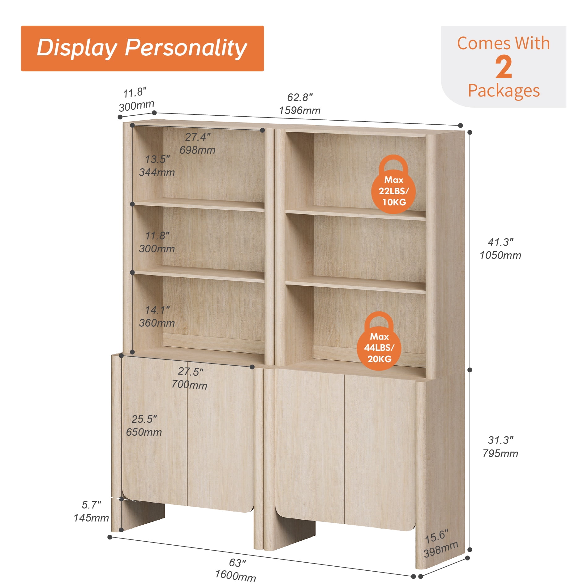 63-Inch Modern French Bookcase with Curved Edges, Doors and Open Shelves, 72.8" Tall, Beige