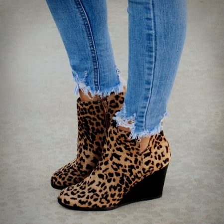 

QISIWOLE Women s Ladies Fashion Girls Leopard Wedges Ankle Zipper Short Boots Bootie Shoes Savings