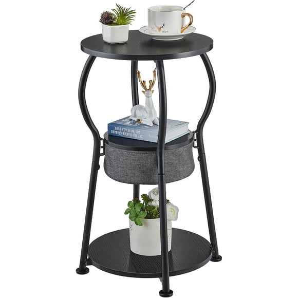 Round Side Table with Storage Bag, 3-Tier Accent Round End Table with 2 Storage Shelves for Living Room, 21.6" H x 11.8" W Vintage Small Corner Table for Small Spaces (D - 11.8 in Black)