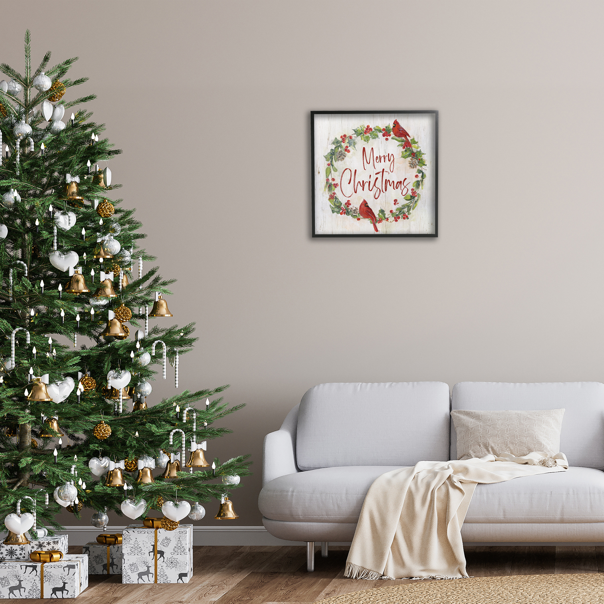 Stupell Industries Christmas Seasonal Wreath Holiday Painting Black Framed Art Prints Wall Art, 24 x 24