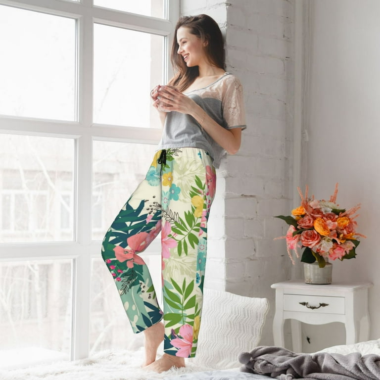 Salouo Tropical Flowers Print Women's Pajama Pants Casual Loose