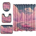 thumbnail image 2 of 4-Piece Bathroom Set with Waterproof Shower Curtain with Non-Slip Bath Mat, U-Shaped Mat & Toilet Lid Cover A Pink Landscape, 2 of 8