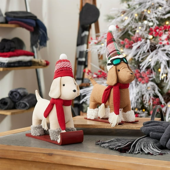 Melrose Plush Dog on Sled and Skis Christmas Figurine Decorations - 16.5" - Set of 2