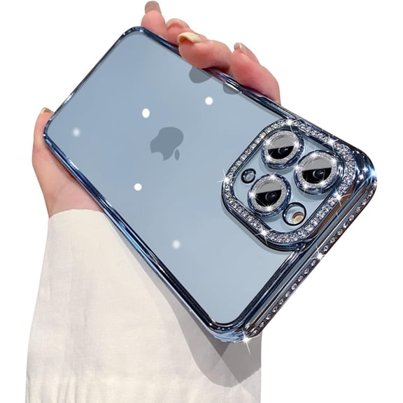 Compatible for iPhone 11 Pro Max Case with Glitter Diamond Camera Len Protector,Bling Clear Crystal Cute Phone Case Shockproof Sparkly for iPhone 11 Pro Max(6.5'')-Blue