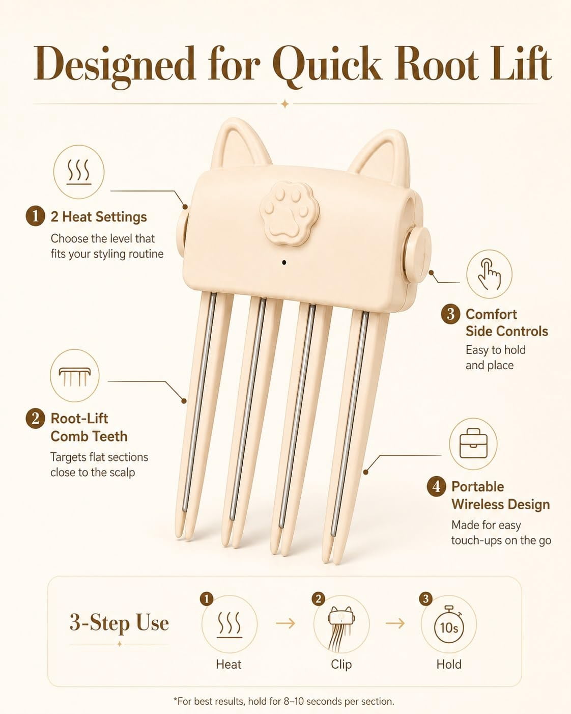 Wireless Heated Volumizing Root Lift Clip for Flat Fine Hair.Portable Travel Crown Lifting Volumizer Styling Tool Type-C Rechargeable Quick Volume Comb with 2 Heat Settings