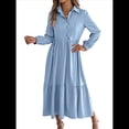 thumbnail image 3 of Vestido Camisero Informal de 3/4 para Mujer, con Botones, Cuello en V, Cuello Escalonado, Holgado y Azul S, 3 of 9