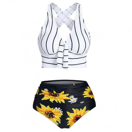 Womens Swimsuits Flower Print High Waisted Flounce Ruffled Split Bikinis Black Bathing Suit for Women S