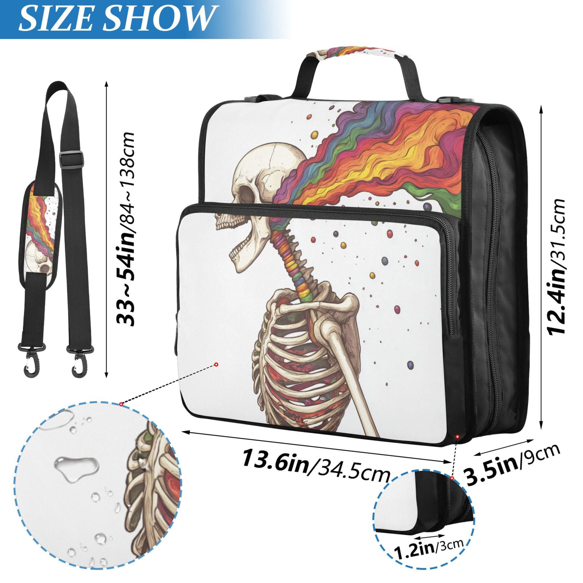 FORMRS Zipper Binder with Shoulder Strap 2-inch Ring 500 Sheet Capacity File Bag, Colorful Skeleton