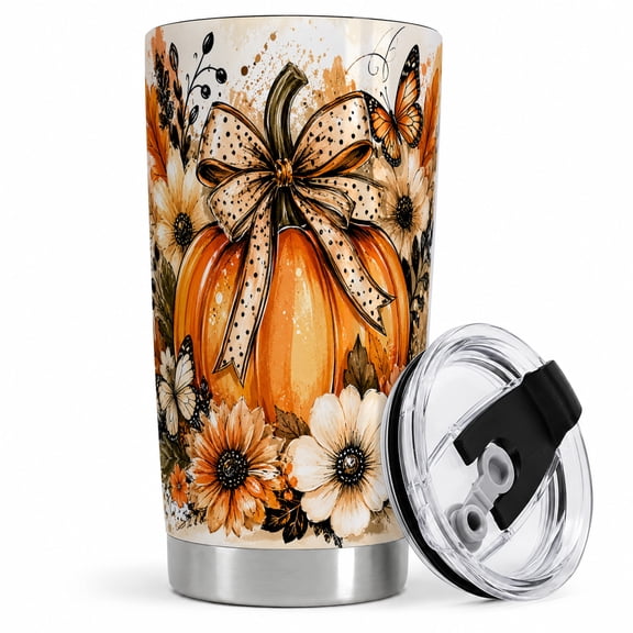 Butterfly Bow Pumpkin Tumbler, 20oz Insulated Drinkware for Fall Fans Stainless steel insulated tumbler with lid, bow pumpkin and butterfly art for water, iced coffee, tea, or commute