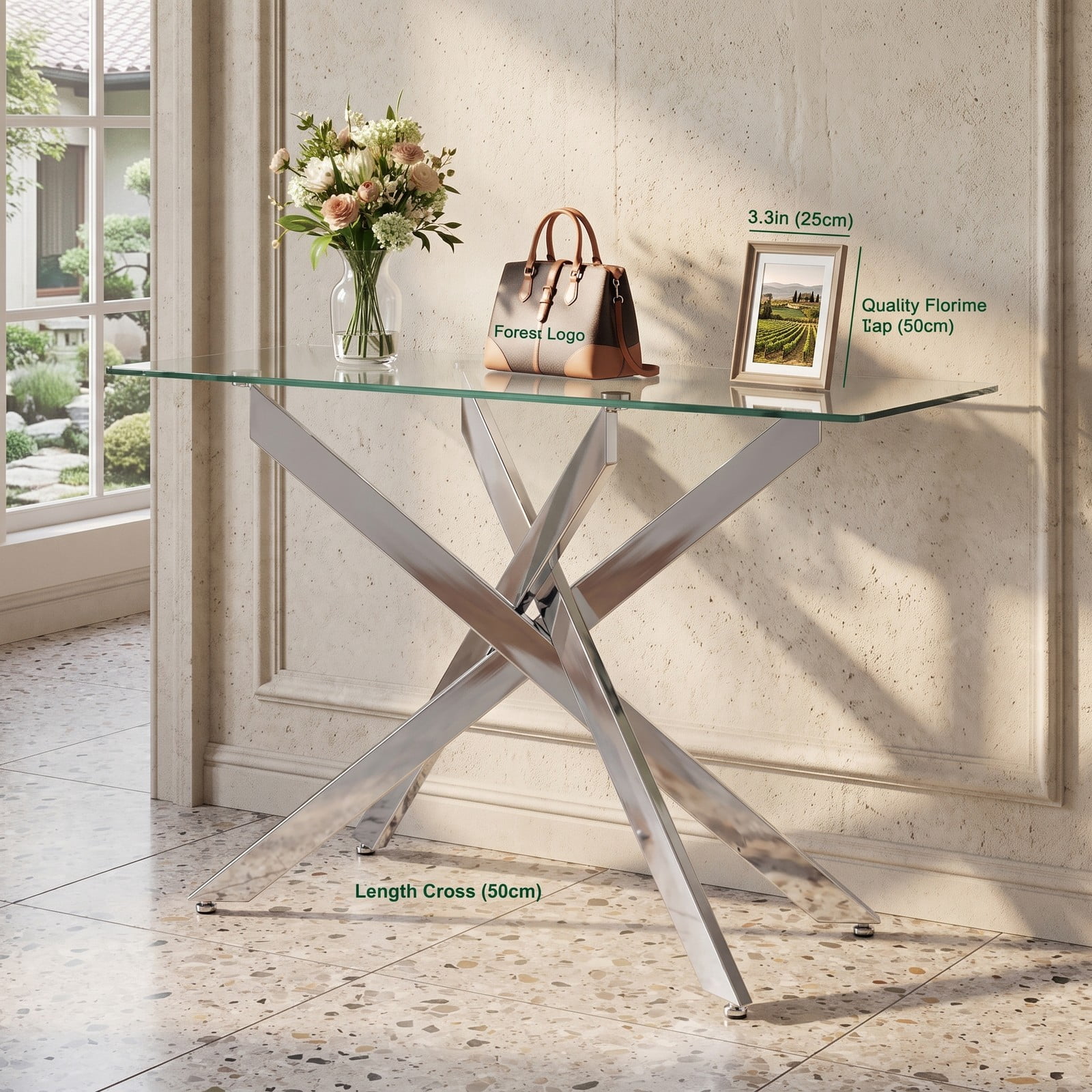 Furnibear Glass Console Table with Clear Tempered Glass Top and Chromed Metal X Legs for Entryway and Living Room, Silver