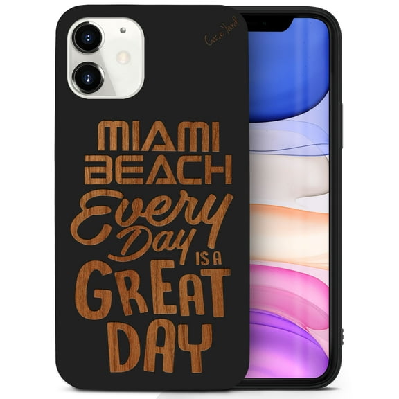 Case Yard Wooden Case for iPhone-11 Soft TPU Silicone cover Slim Fit Shockproof Wood Protective Phone Cover for Girls Boys Men and Women Supports Wireless Charging Miami Beach Great Day Design