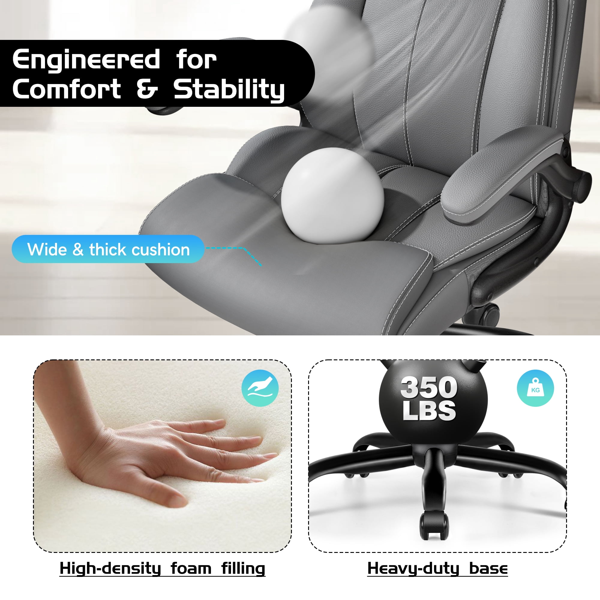 COOLHUT Big and Tall Office Chair 350LBS, Comfy Heavy Duty Executive Desk Chair with Adjustable Lumbar Support, Higth Back Computer Home Office Chair with Padded Flip -up Arms, Light Gray