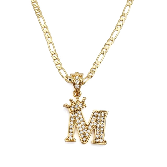 Cadena y dije de brillos con corona de oro laminado letra M
