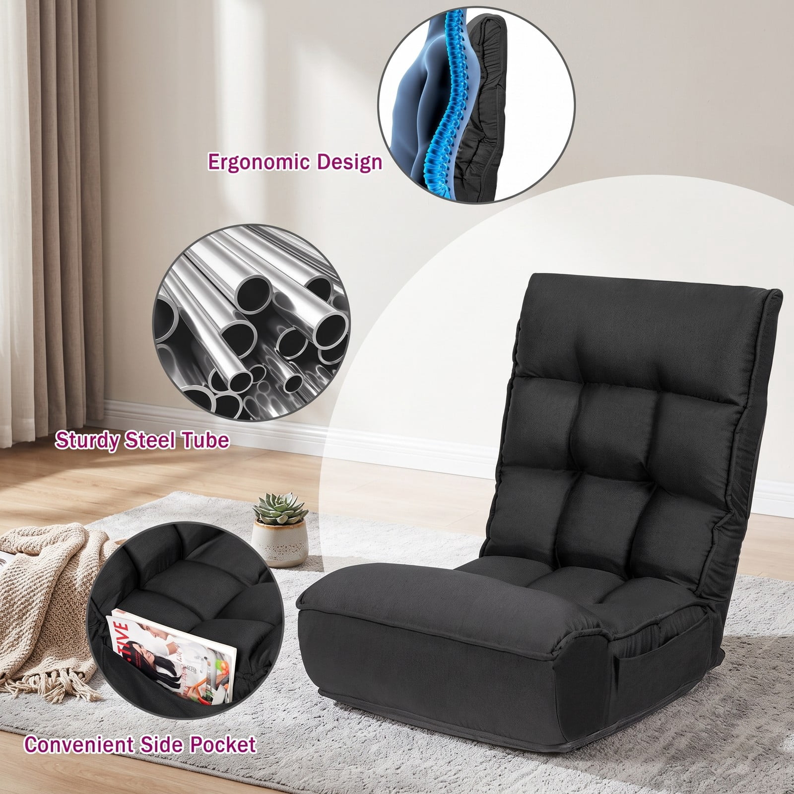 Furnibear 4-Position Adjustable Folding Floor Chair, Foldable Lazy Sofa Gaming Recliner with Steel Frame for Reading Watching TV, 286 lbs Capacity, Black