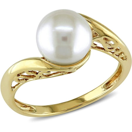 Miabella 8mm-8.5mm White Round Cultured Freshwater Pearl 10kt Yellow Gold Bypass Ring
