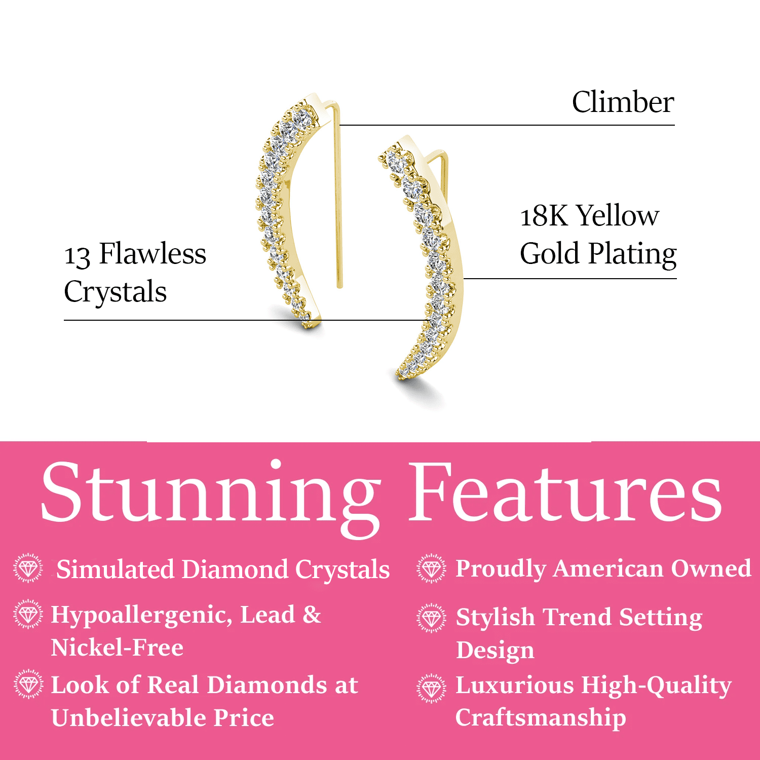 Cate & Chloe Camila 18k Yellow Gold Plated Ear Climber Earrings with Simulated Diamonds for Women