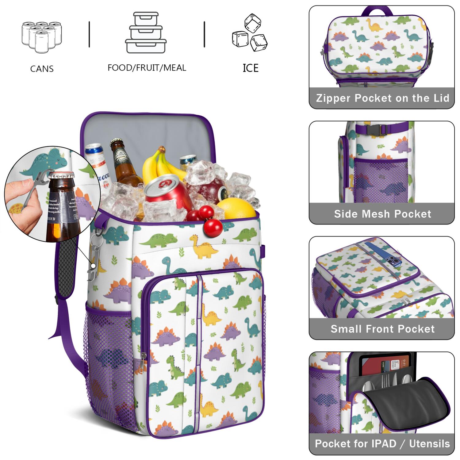 Travel Cooler Bag - White Cartoon Dinosaurs Leaves Pattern Camping Beer Cooler Backpack with Bottle Opener- Waterproof Insulated Picnic Backpacks - Cooler Bag for Beach