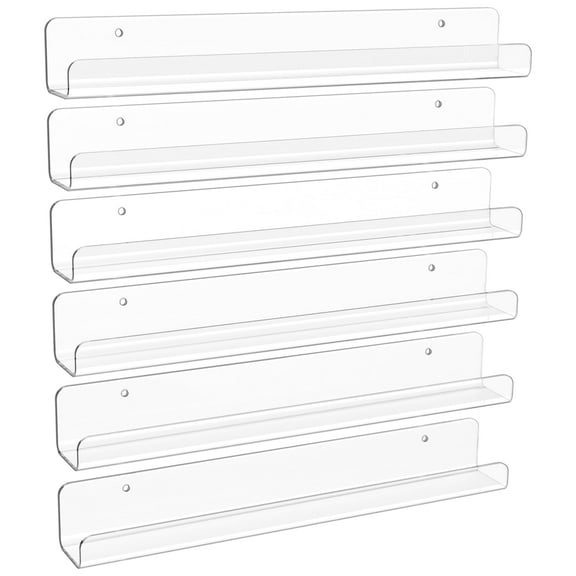 Clear Acrylic Wall Shelves 12 Inch, 6 Pack Nursery Bookshelves for Kids Room, Floating Picture Ledge for Baby Books, Vinyl Records, Magazines Display Rack, Transparent