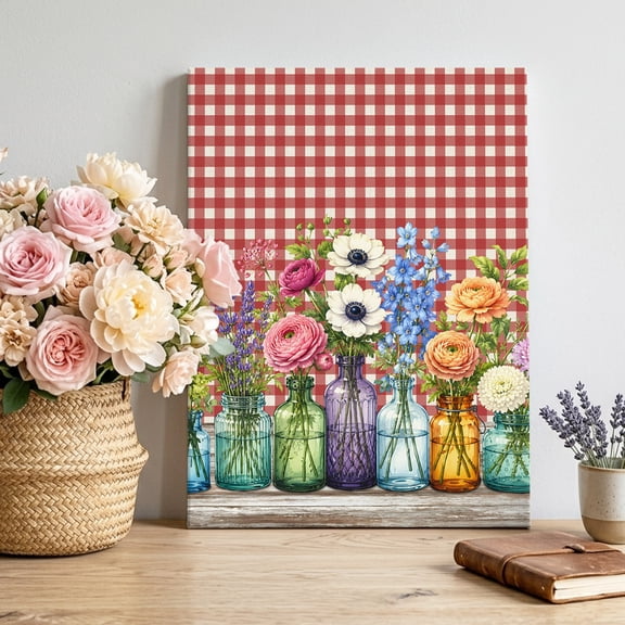 Glass Jar Vases Canvas Wall Art for Living Room, Rustic Pink White Floral Botanical Red Gingham Poster Print Painting for Hallway Narrow Dining Space Decoration Wall Pictures Prepare To Hang 12"x18"
