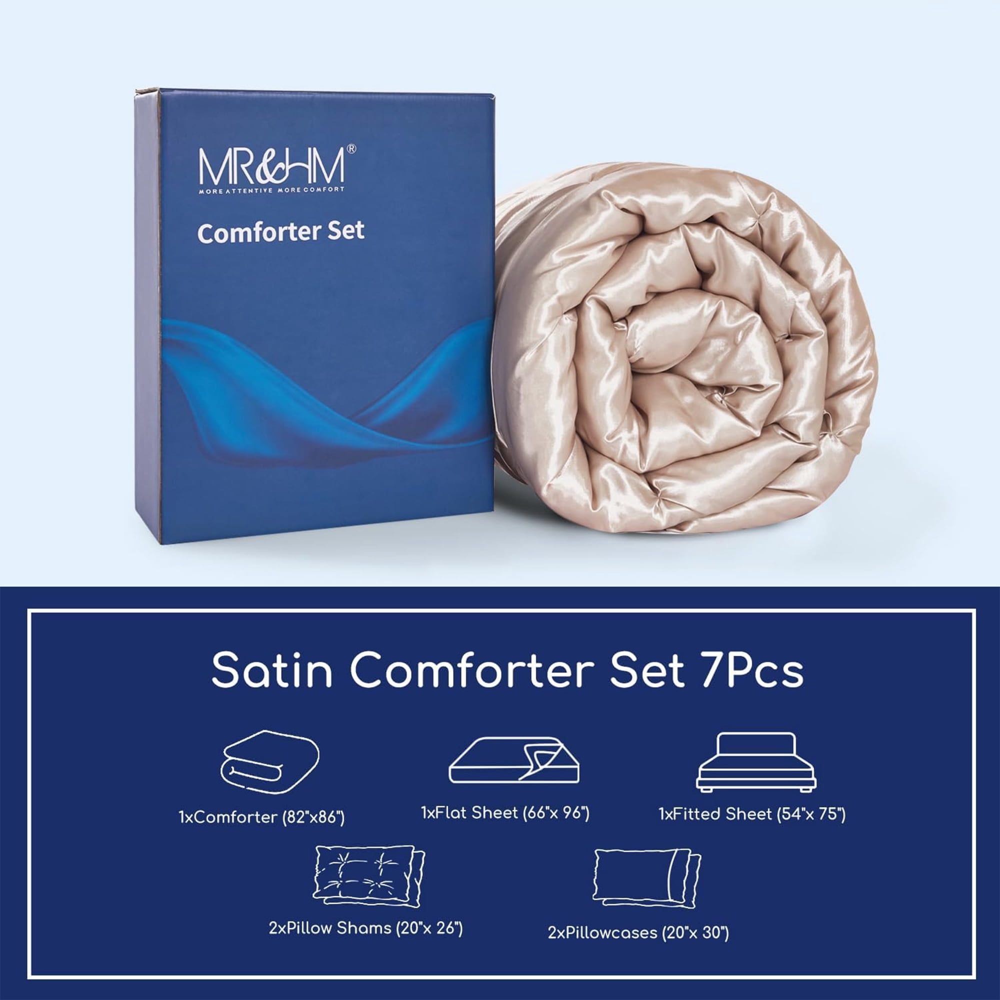 MR&HM Satin Comforter Set 7 Pieces Full Size - Luxurious Pinch Pleat Bed in a Bag with Satin Comforter, Satin Sheets, Satin Pillowcases & Shams, Silky Soft Bedding Set for All Seasons (Champagne)