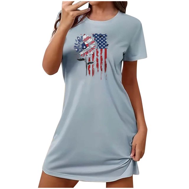 Mrat One S, S Pyjamas pour Femmes, Chemise de Nuit Courte Surdimensionnée, Mode Imprimé 4 Juillet, Manches Courte108 Bleu S