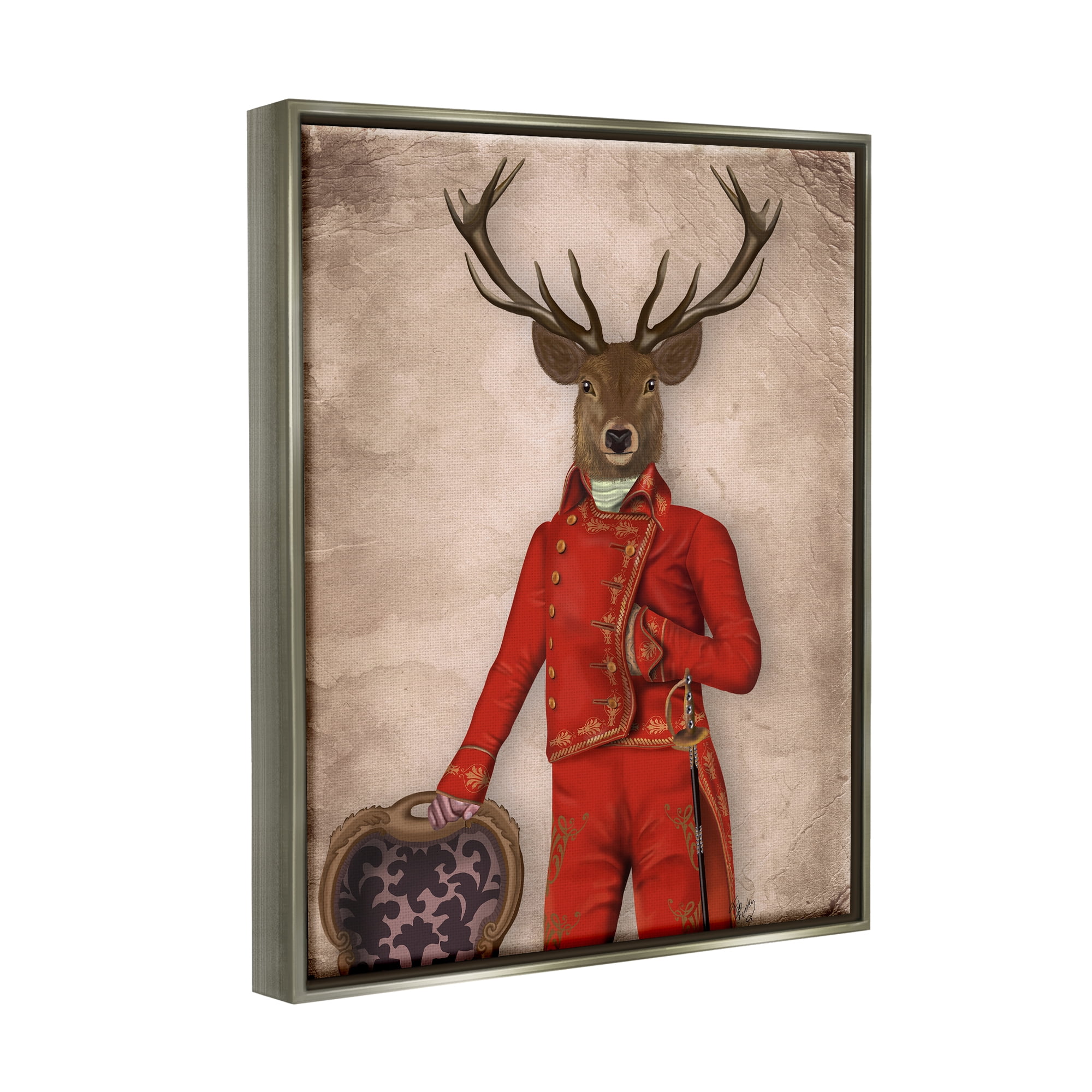 Stupell Industries Fancy Elk in Red Suit Animals & Insects Painting Gray Floater Framed Canvas Art Print Wall Art, 25 x 31