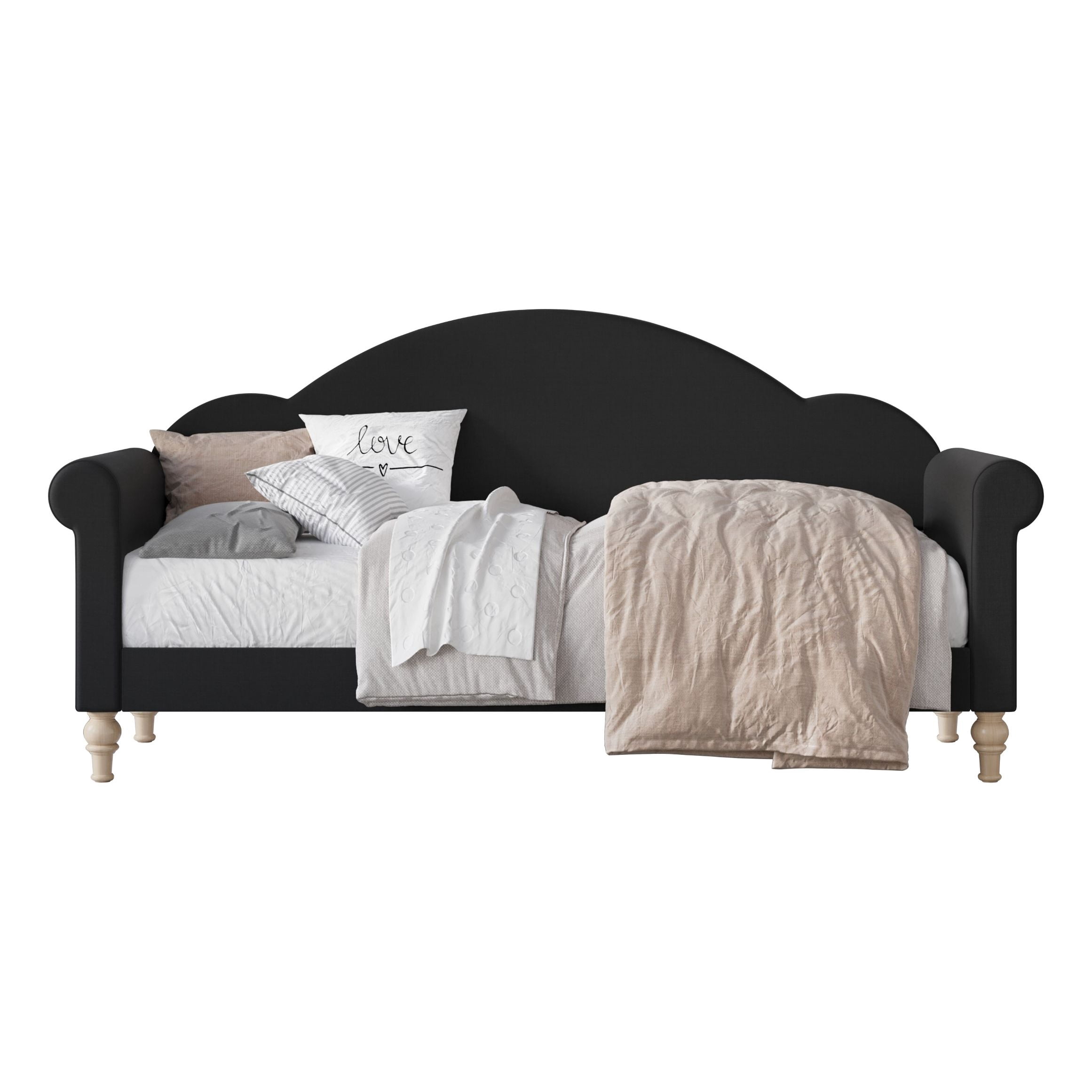 Home Design Chaise Upholstered Twin Daybed with Arched-Back Design, Black – Adult Guest Room or Living Room, Easy Assembly