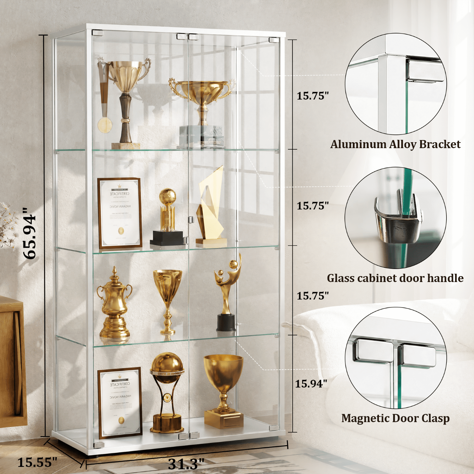 Gleamira 4-Shelf Glass Display Cabinet Freestanding Curio Cabinet with Aluminum Frame Double Glass Doors, White