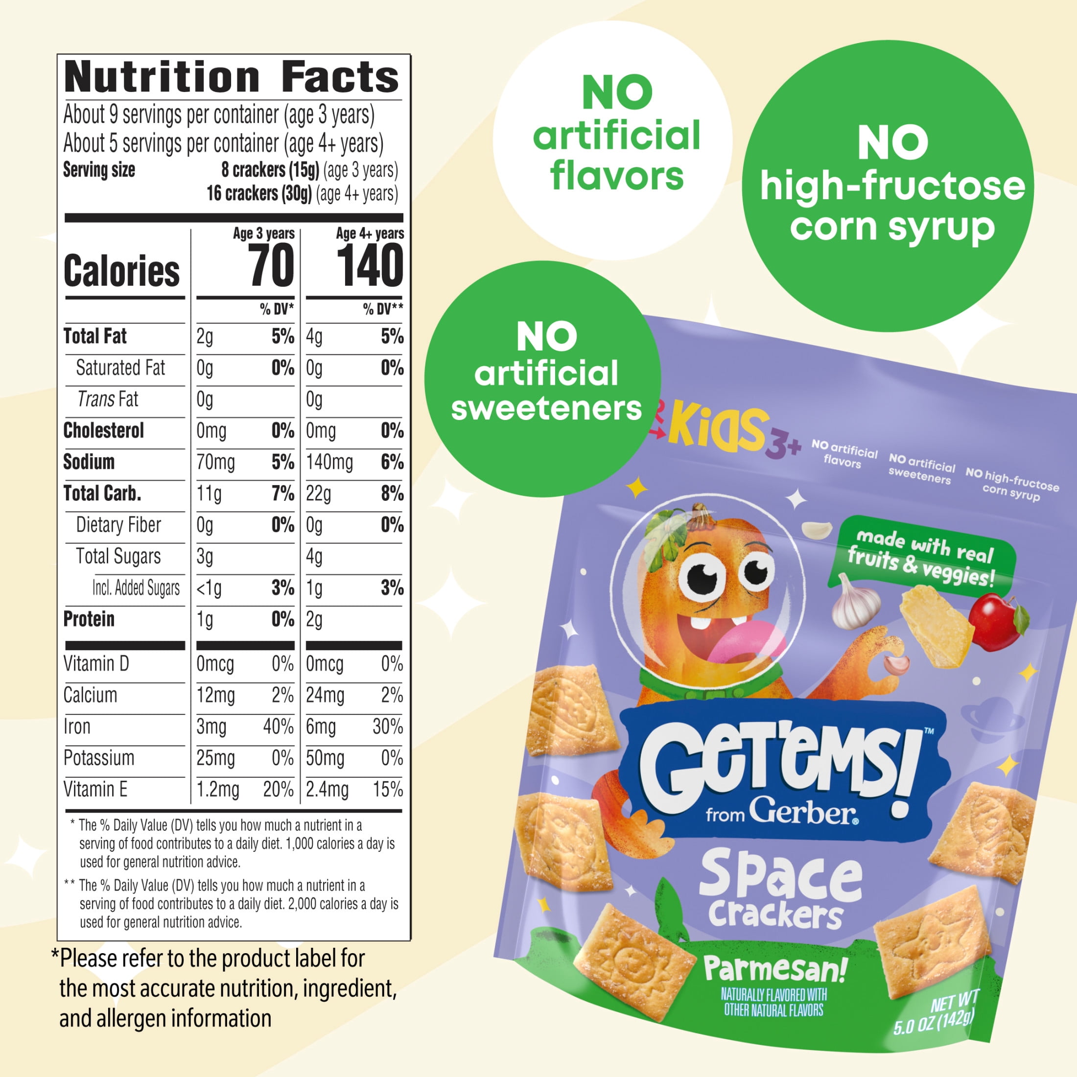 (6 pack) Get'ems! For Kids Space Crackers, Parmesan, Kid Snack, 5 oz Bag