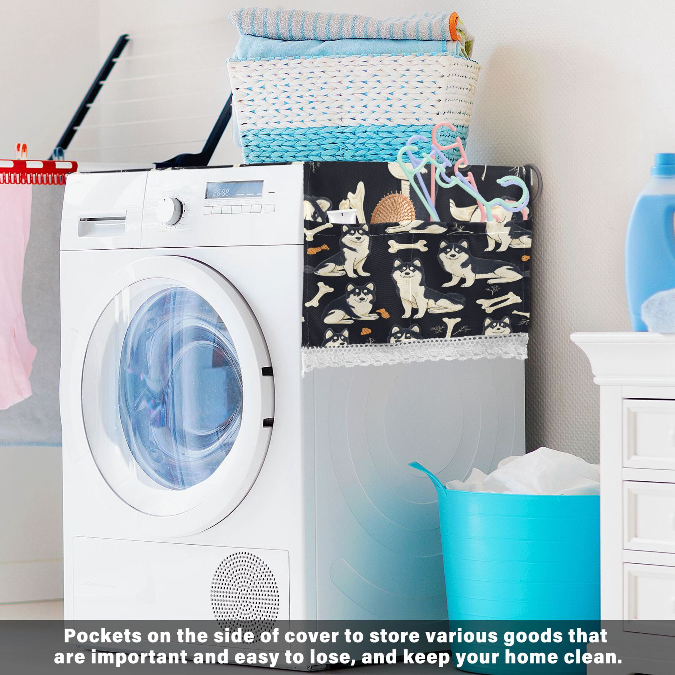 Lovely HuskyWasher and Dryer Covers Dust-Proof and Oil Resistant Fridge Cover with 4 Storage Pockets Washing Machine Top Cover for Laundry Kitchen Home 51.2 x 22 In