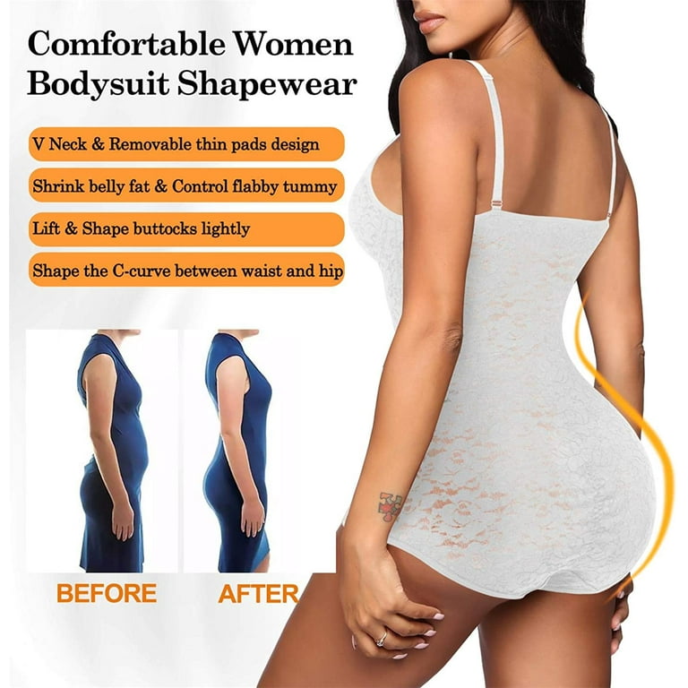 Gotoly Shapewear Tummy Control Bodysuit Cute Lace Cami V-Neck Tank Top  Waist Trainer Vest Smooth Body Shaper Slimming Corset(White Large) 