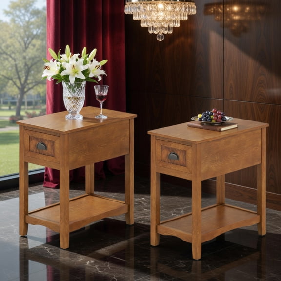 Topcobe Set of 2 Contemporary Side End Table with Drawer, Small End Table Sofa Table for Living Room Bedroom, Natural