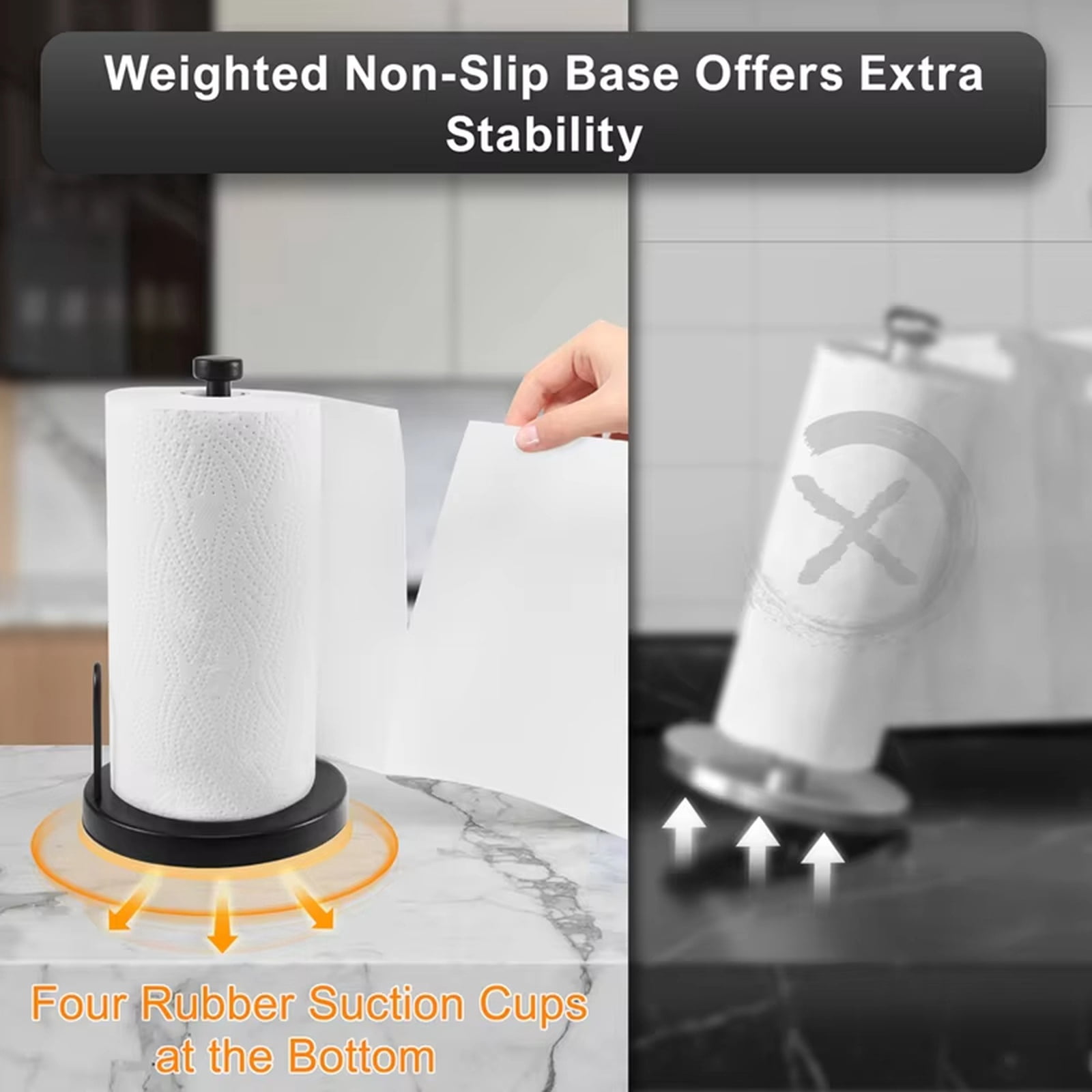 Paper Towel Holder Countertop, Freestanding Paper Towel Roll Holder with Weighted Base, Damped Stainless Steel Standing Papertowel Holder for Kitchen