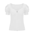 thumbnail image 5 of Lovskoo Summer Tops for Women 2024 Sweetheart Neck Short Sleeve Solid Color Puffy Sleeve Front Zipper Top White, 5 of 7
