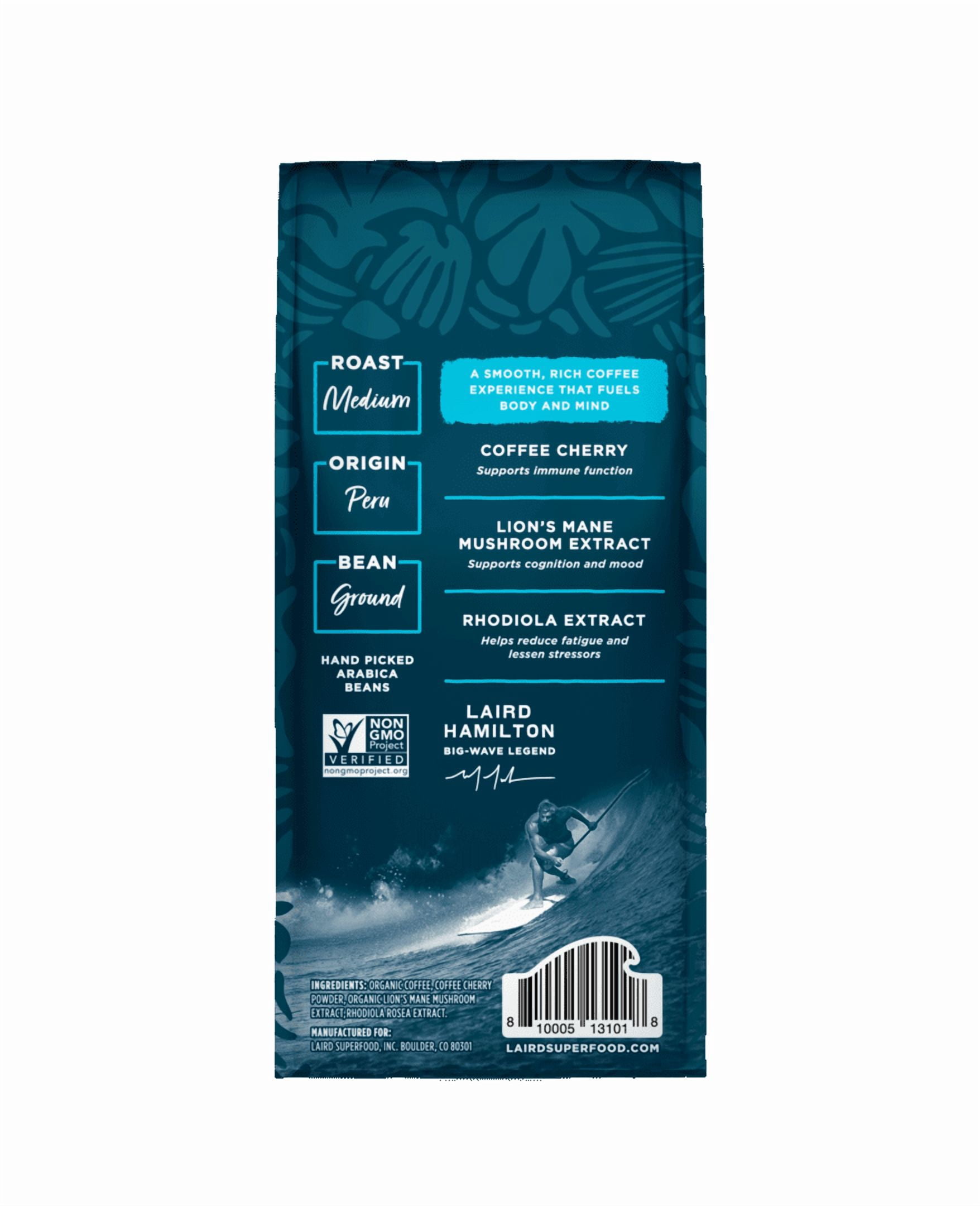 Laird Superfood FOCUS Organic Functional Mushroom Coffee, Medium Roast Ground, High-Altitude Peruvian, USDA Organic, Non-GMO, 12oz