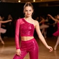 thumbnail image 5 of iiniim Girls Sparkle Sequins Ballet Dance Crop Tops Mesh Sleeve One Shoulder T-Shirt Jazz Hip Hop Dancewear Hot Pink 16, 5 of 7