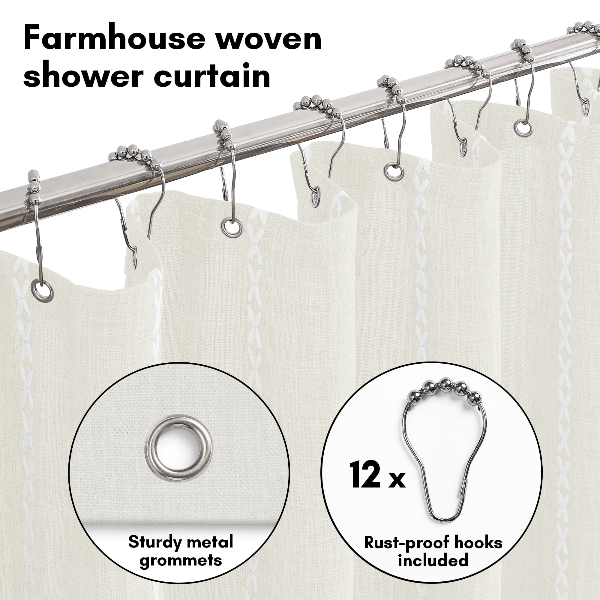 Americanflat 71x71 Woven Linen Ivory Shower Curtain with Tassel Accents - Includes 12 Grommets and Hooks - 100% Polyester