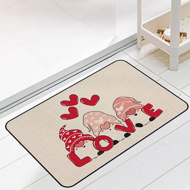 Felpudo de San Valentín | Felpudo de bienvenida de poliéster antideslizante de 40 x 60 cm | Alfombra para puerta de entrada interior y exterior con diseño de corazones y gnomos de San Valentín | De