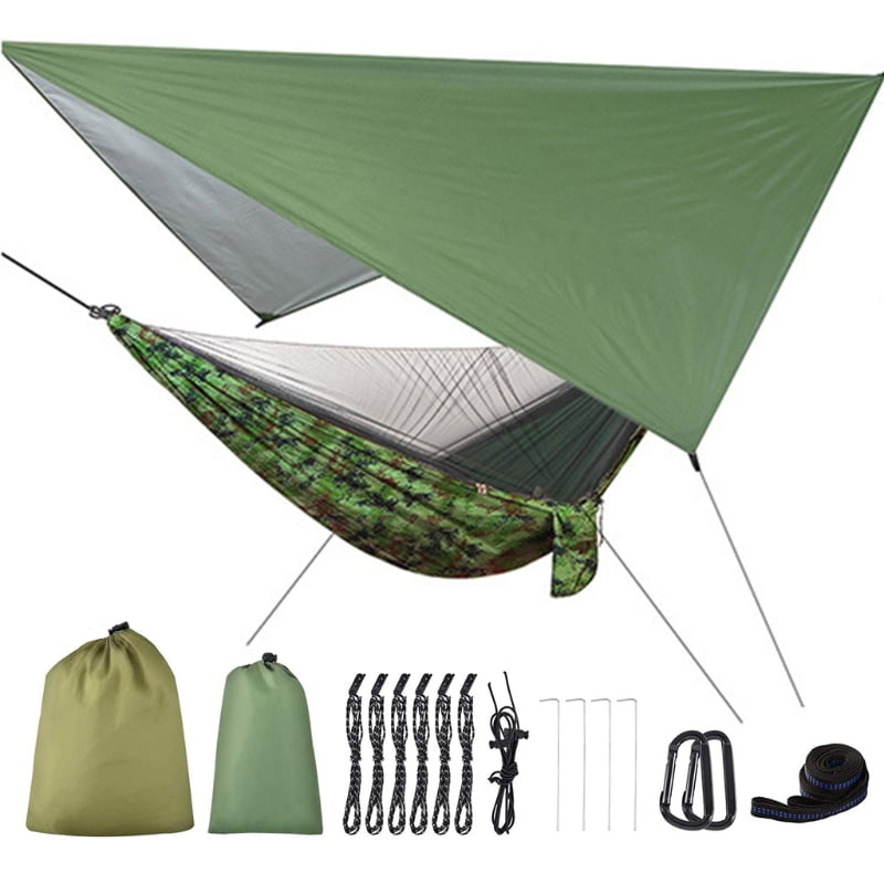 200kg Capacity Tarp Rain Cover & Tree Straps Camping Hammock with Mosquito Net 
