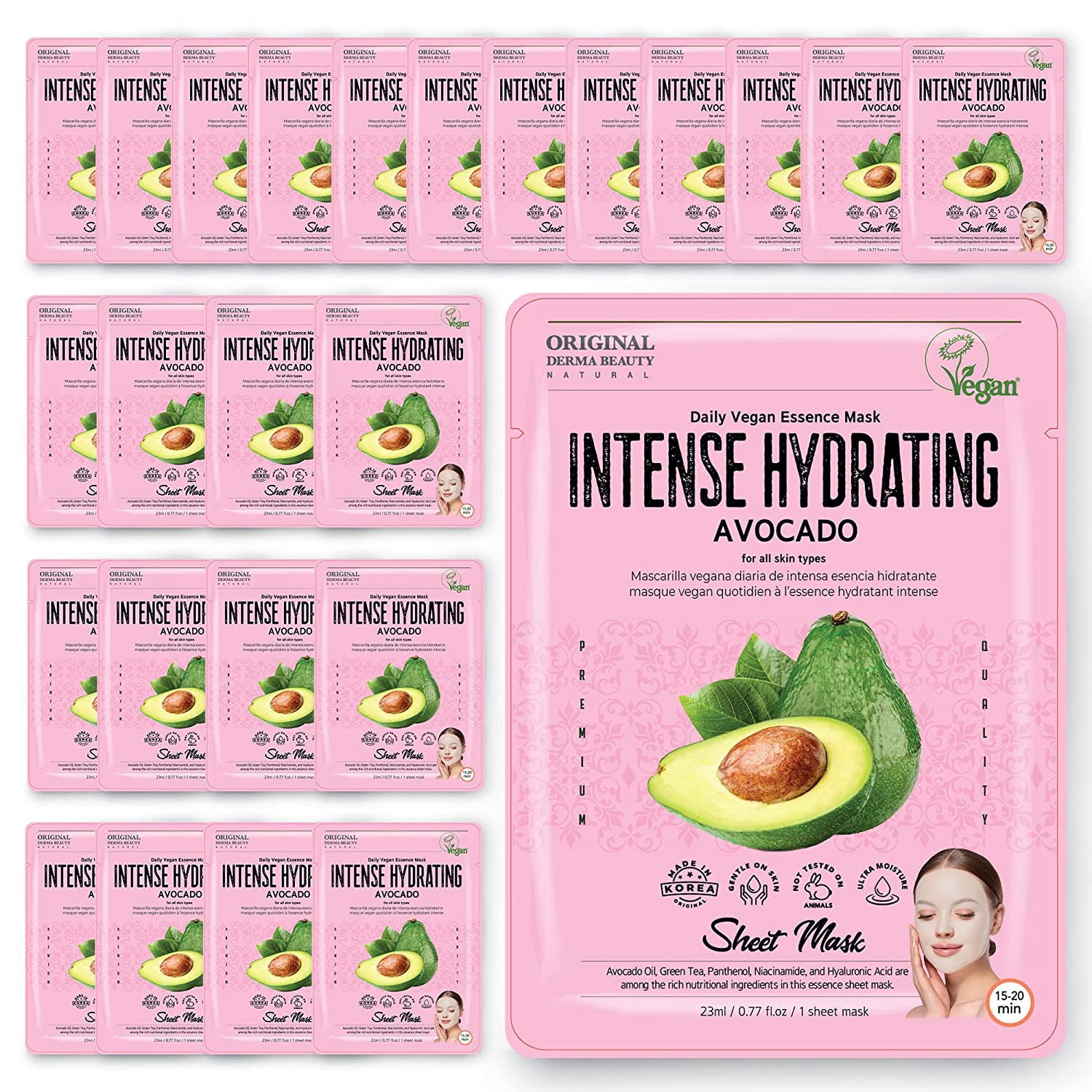 Original Derma Beauty 24 Pack Vegan Intense Hydrating Avocado Essecne Mask Sheet Vegan Face