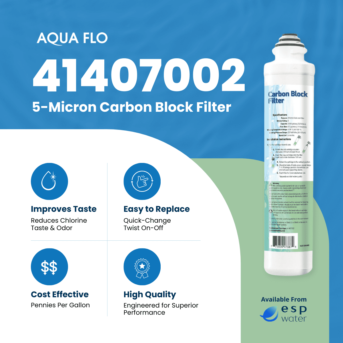 Aqua Flo 41407002 Carbon Block RO Filter, 5 Micron – Replacement for Platinum QCRO 4-Stage System