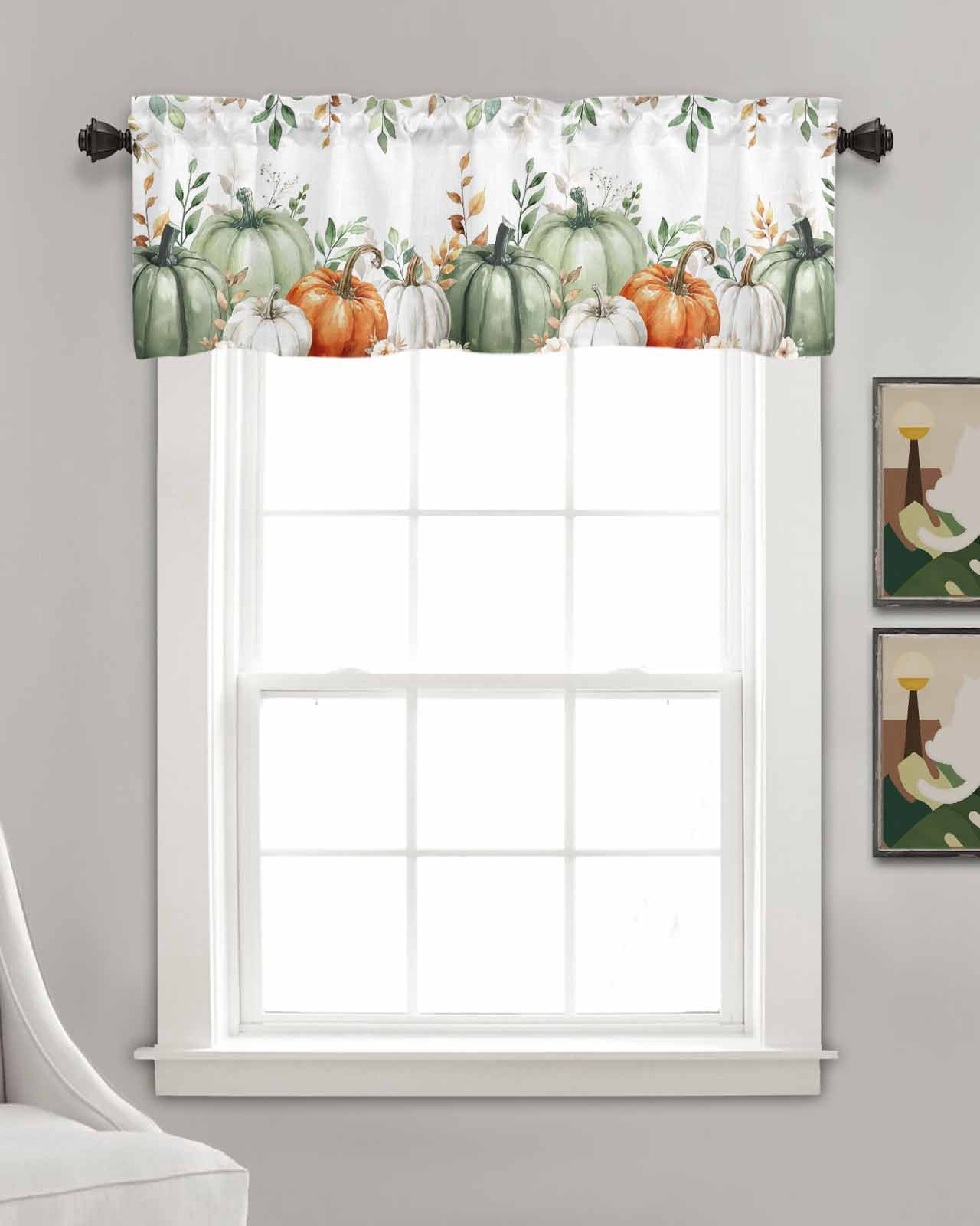 Thanksgiving Pumpkin Kitchen Valances for Windows Farmhouse Linen Window Valance Curtain for Living Room Window Treatment Fall Sage Green Eucalyptus Flower Valance Rod Pocket Topper, 54 x 18 Inch
