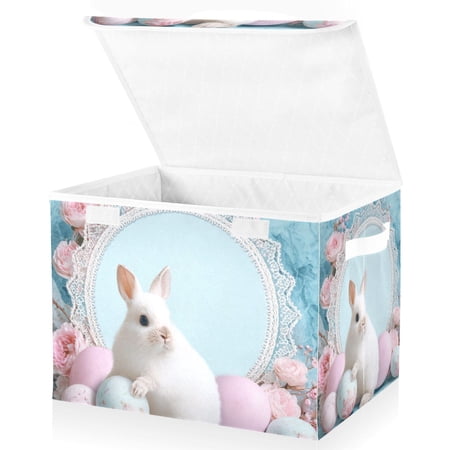 Foldable Fabric Storage Bin With Handle Collapsible Basket Box Storage With Lid Organizer Light Blue Lace Doily Background