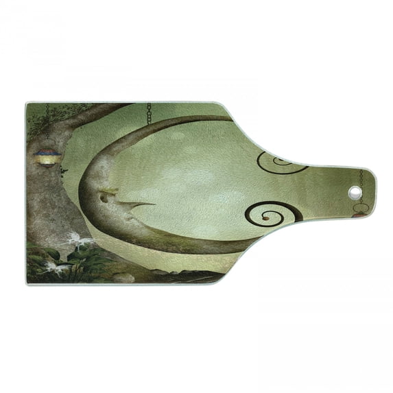 Tree Cutting Board, Absurt Illustration of Wooden Crescent Hanging on a Tree Branch, Decorative Tempered Glass Cutting and Serving Board, Wine Bottle Shape, Green Green Brown, by Ambesonne