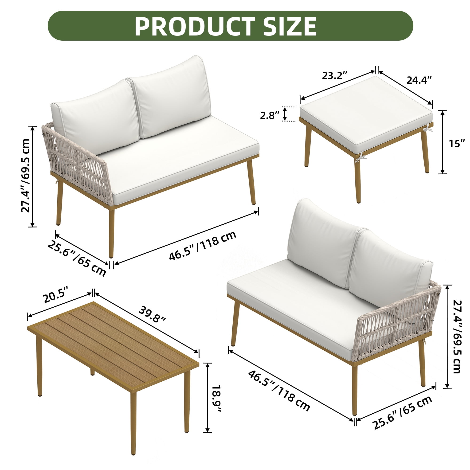 Uforic 4-Piece Outdoor Woven Rope Sectional Sofa Set Patio Furniture Conversation Set, Patio Loveseat with Ottoman and Side Table - Beige