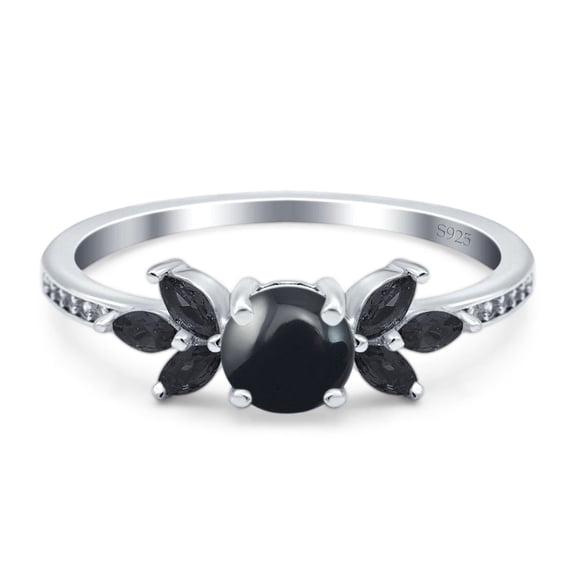 Art Deco Round Natural Black Onyx Wedding Floral Ring 925 Sterling Silver Size 5