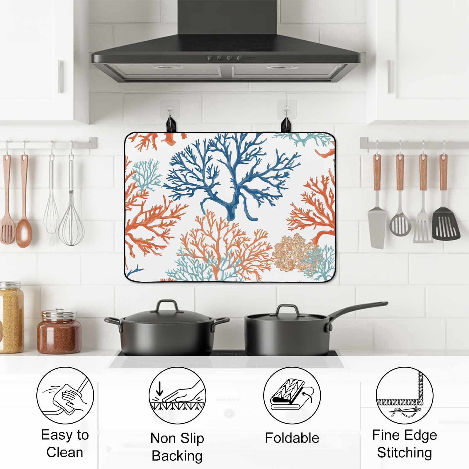 Ocean Coral Stove Top Cover for Electric Stove, Heat-proof & Non Slip Glass Top Stove Cover Protector, Coastal Orange Blue Green Nature Abstract Kitchen Flat Cooktop Rubber Mat 24x21 Inches