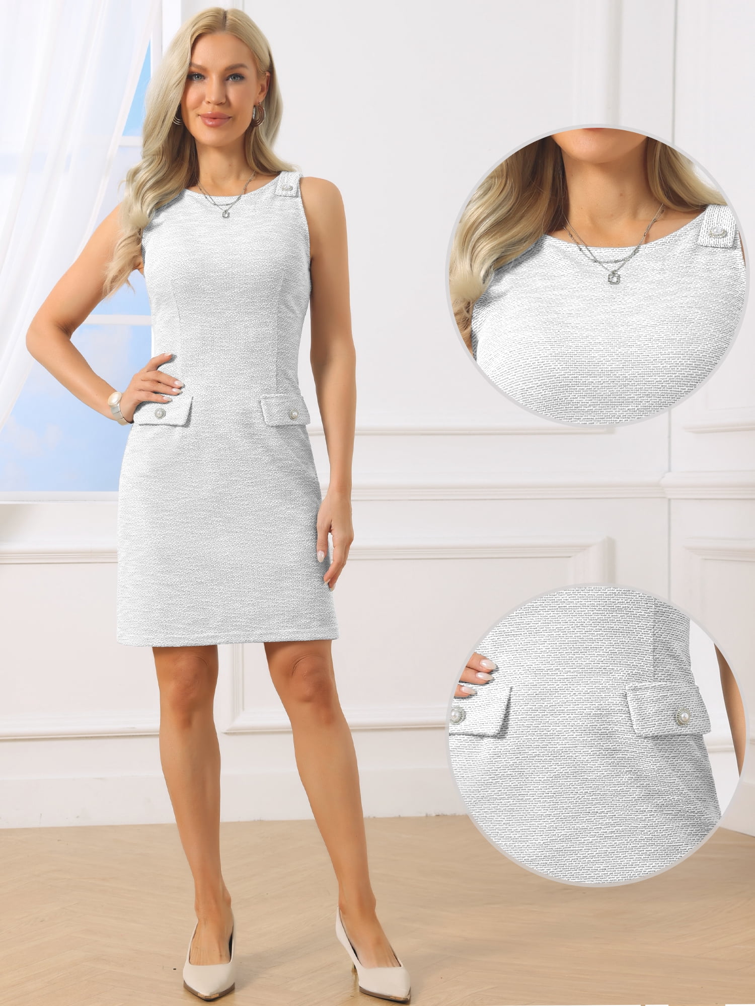 DARING DIVA Women's A-Line Tweed Sleeveless Boat Neck Sheath Midi Dress S White